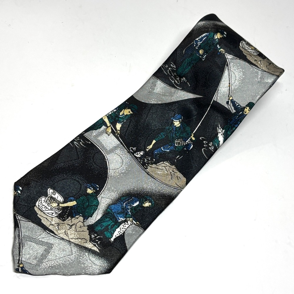 American Sports Fishing Tie Mens OS Black Silver Novelty Fisherman Outdoor Sport
